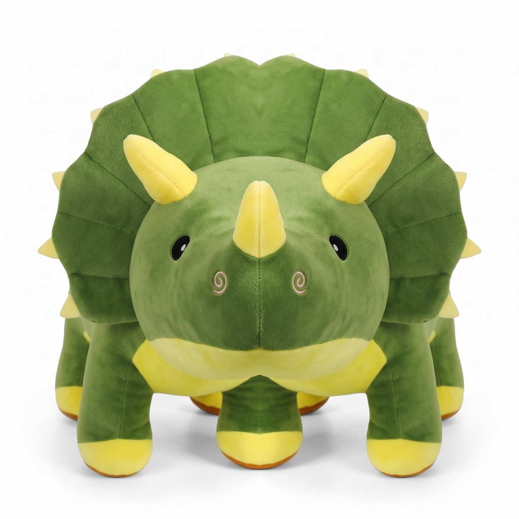 Peluche Dinosaure Verte Tricératops Toute Douce - fond blanc Frontal