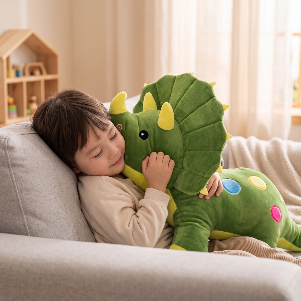 Peluche Dinosaure Verte Tricératops Toute Douce - Utilisation cosy intérieur