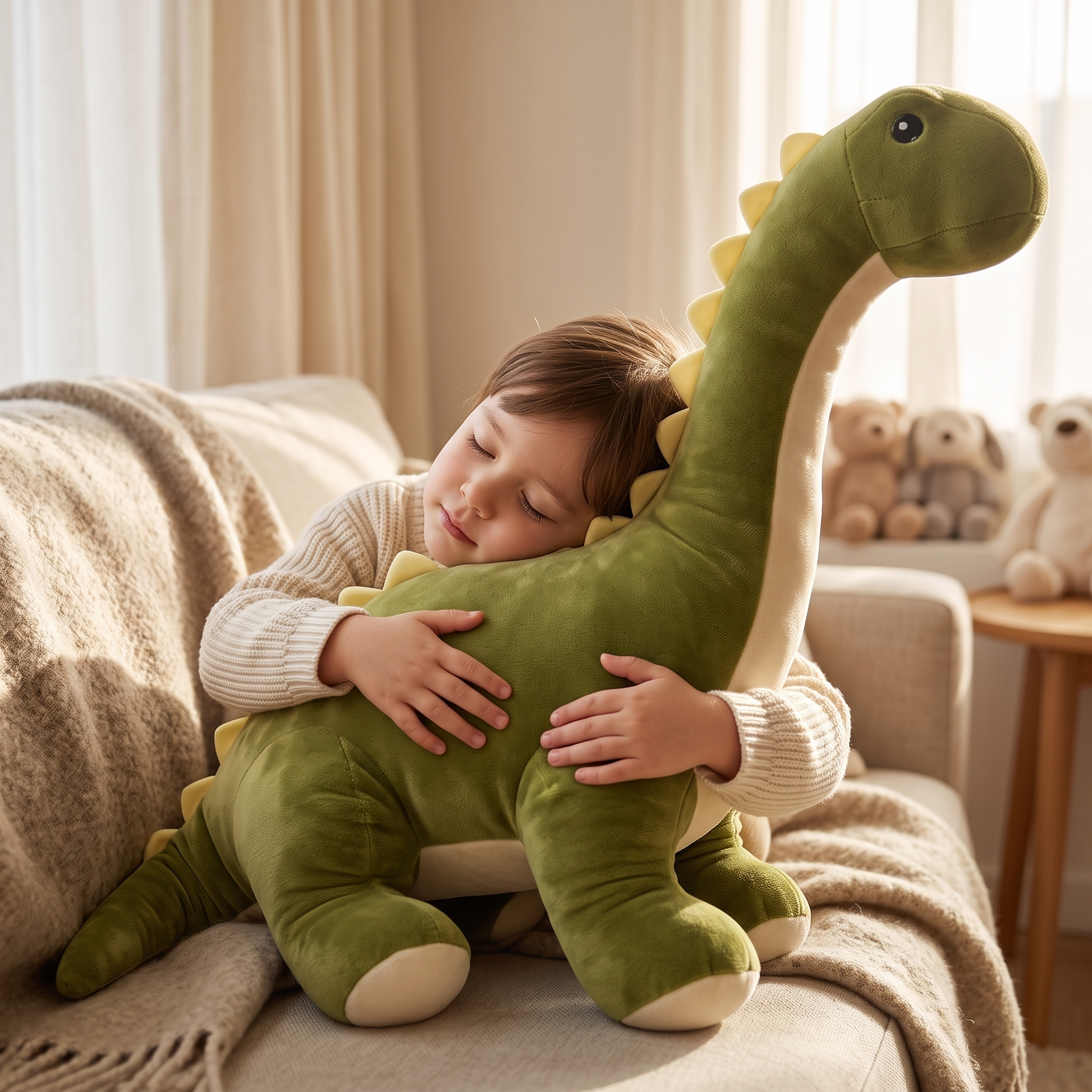 Peluche Diplodocus Verte à Long Cou - Utilisation cosy intérieur