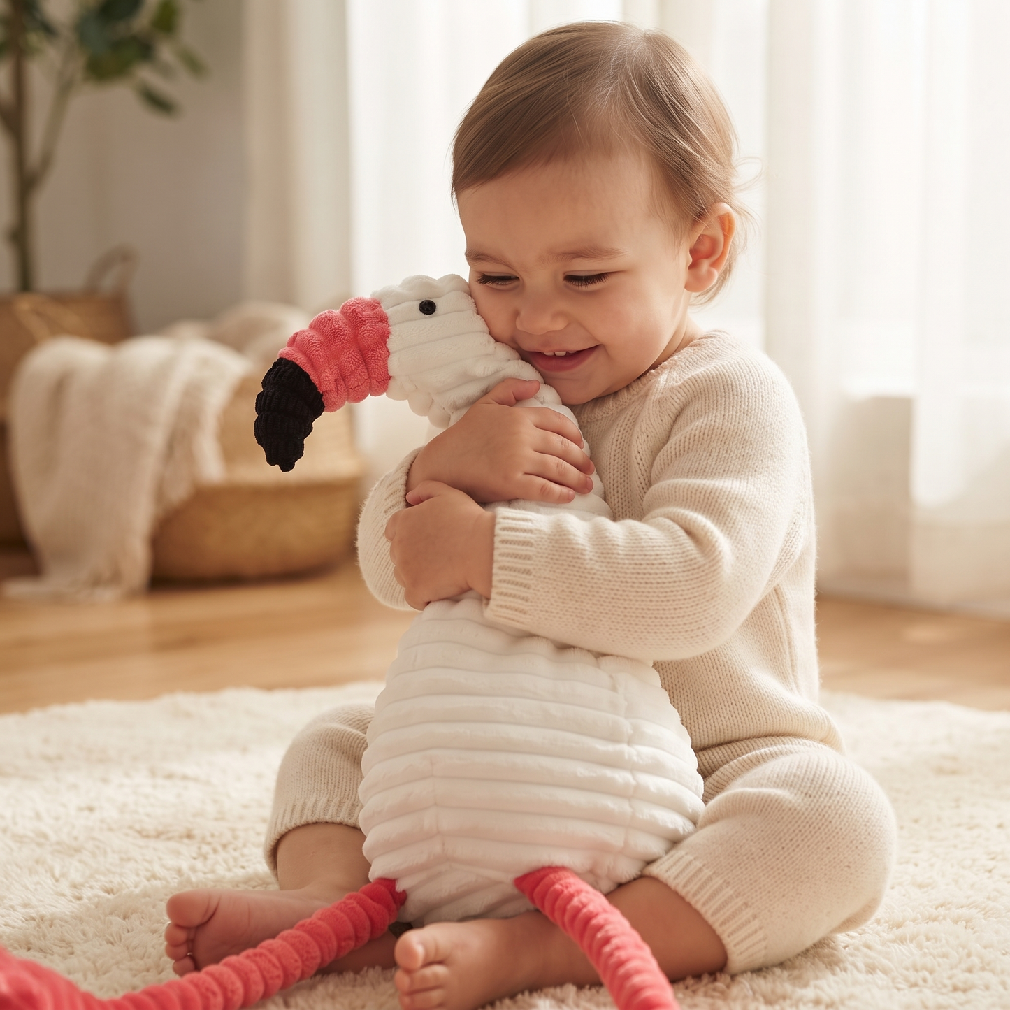Peluche Flamant Rose Coton Côtelé Blanc - Utilisation cosy intérieur