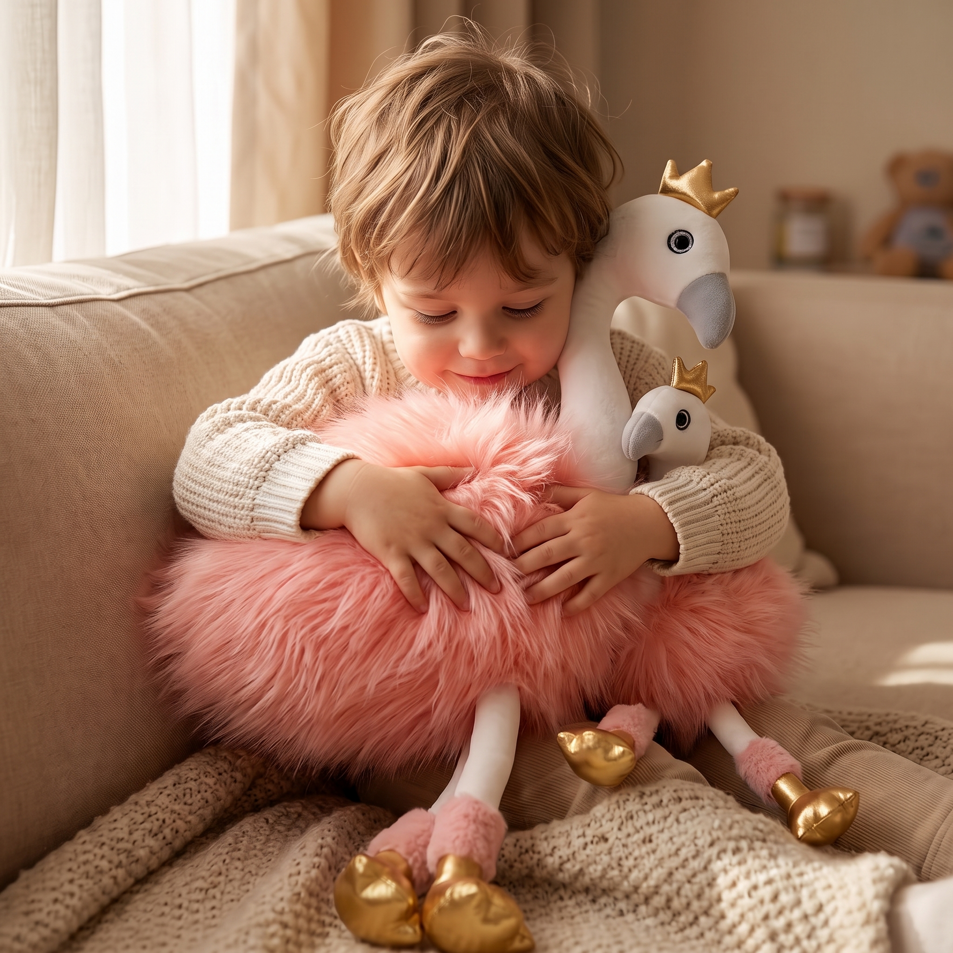 Peluche Flamant Rose Couronne Dorée - Utilisation cosy intérieur
