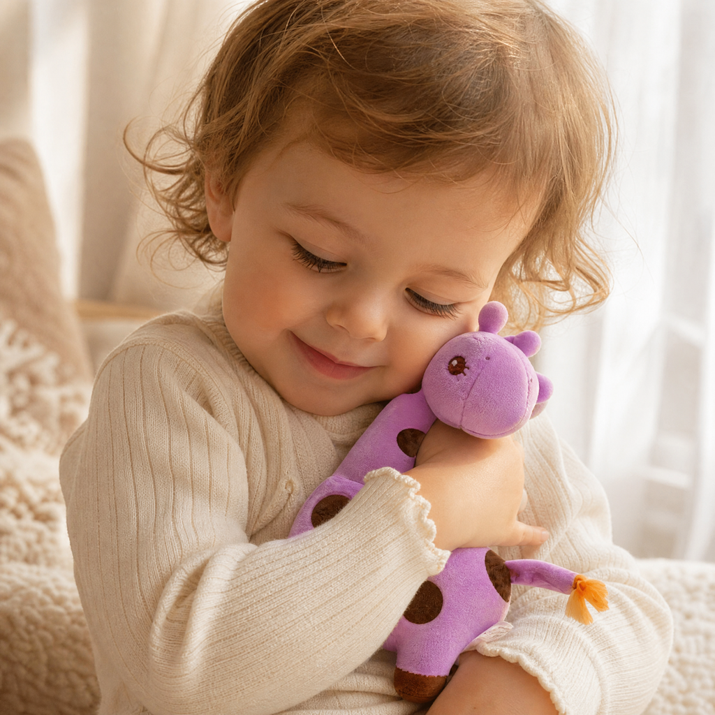 Peluche Girafe Violette Douce avec Taches Noires - Utilisation cosy intérieur