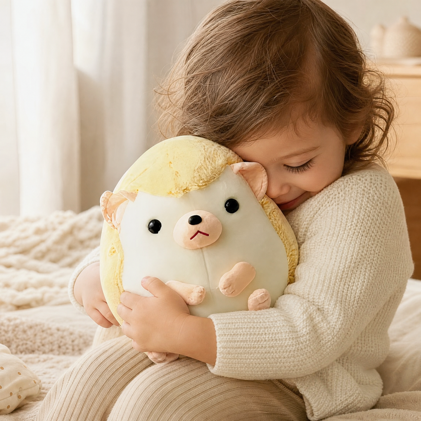 Peluche Hérisson Kawaii Jaune et Beige - Utilisation cosy intérieur