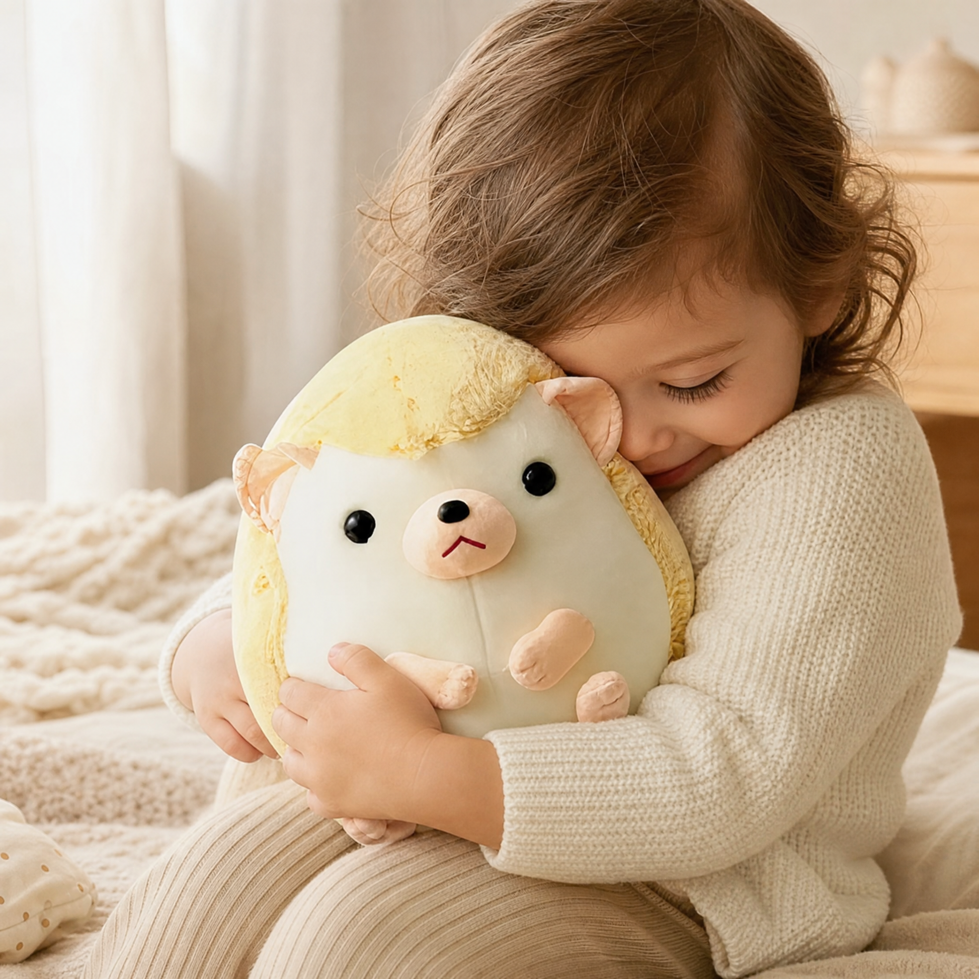 Peluche Hérisson Kawaii Jaune et Beige - Utilisation cosy intérieur