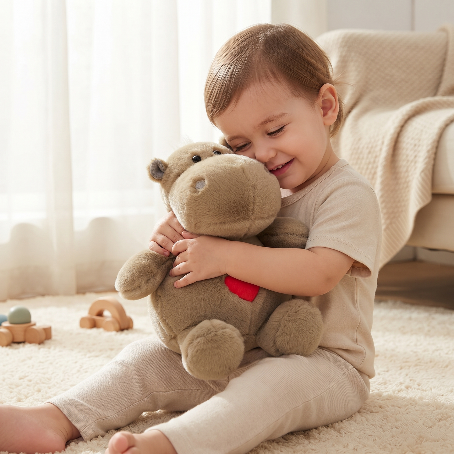 Peluche Hippopotame Cœur Beige ou Gris - Utilisation cosy intérieur