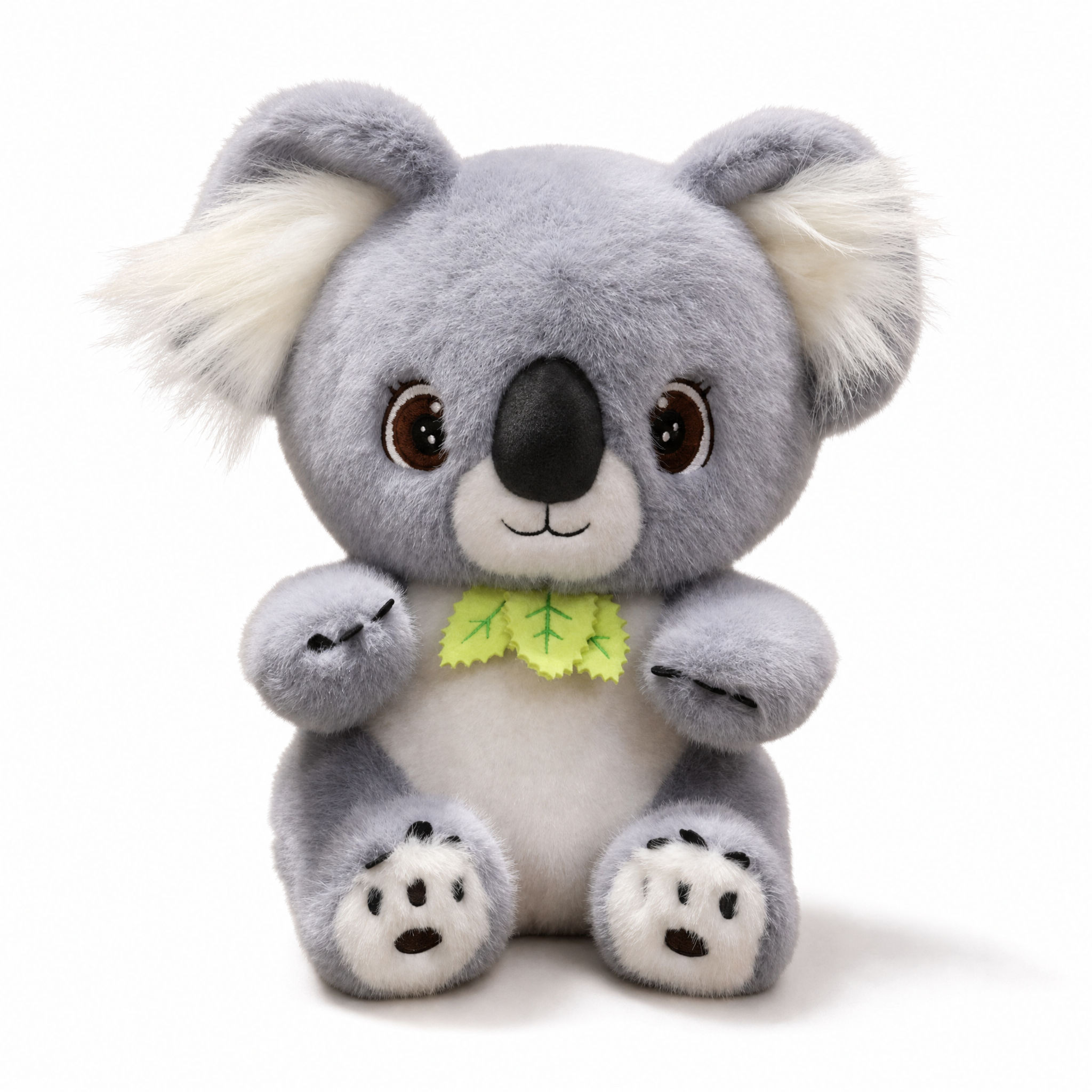 Peluche Koala Gris avec Feuille d'Eucalyptus - Fond blanc frontal
