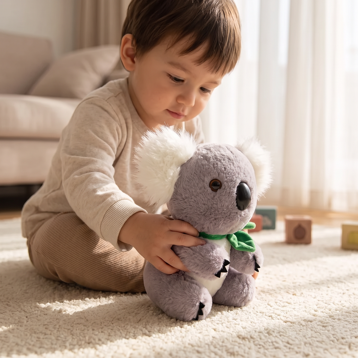 Peluche Koala Gris et Blanc avec Feuille d'Eucalyptus - Utilisation cosy intérieur