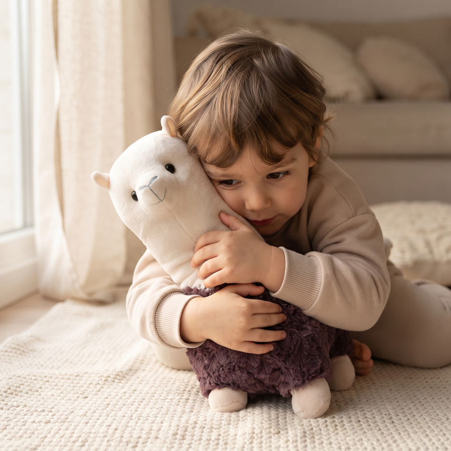 Peluche Lama Bicolore Violet et Crème 28cm - Utilisation cosy intérieur