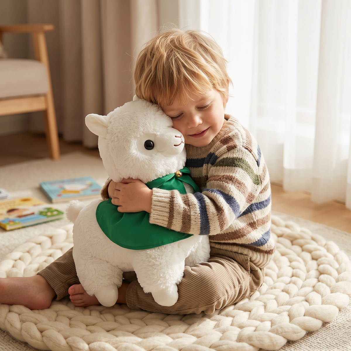 Peluche Lama Magicien avec Cape Verte - Utilisation cosy intérieur