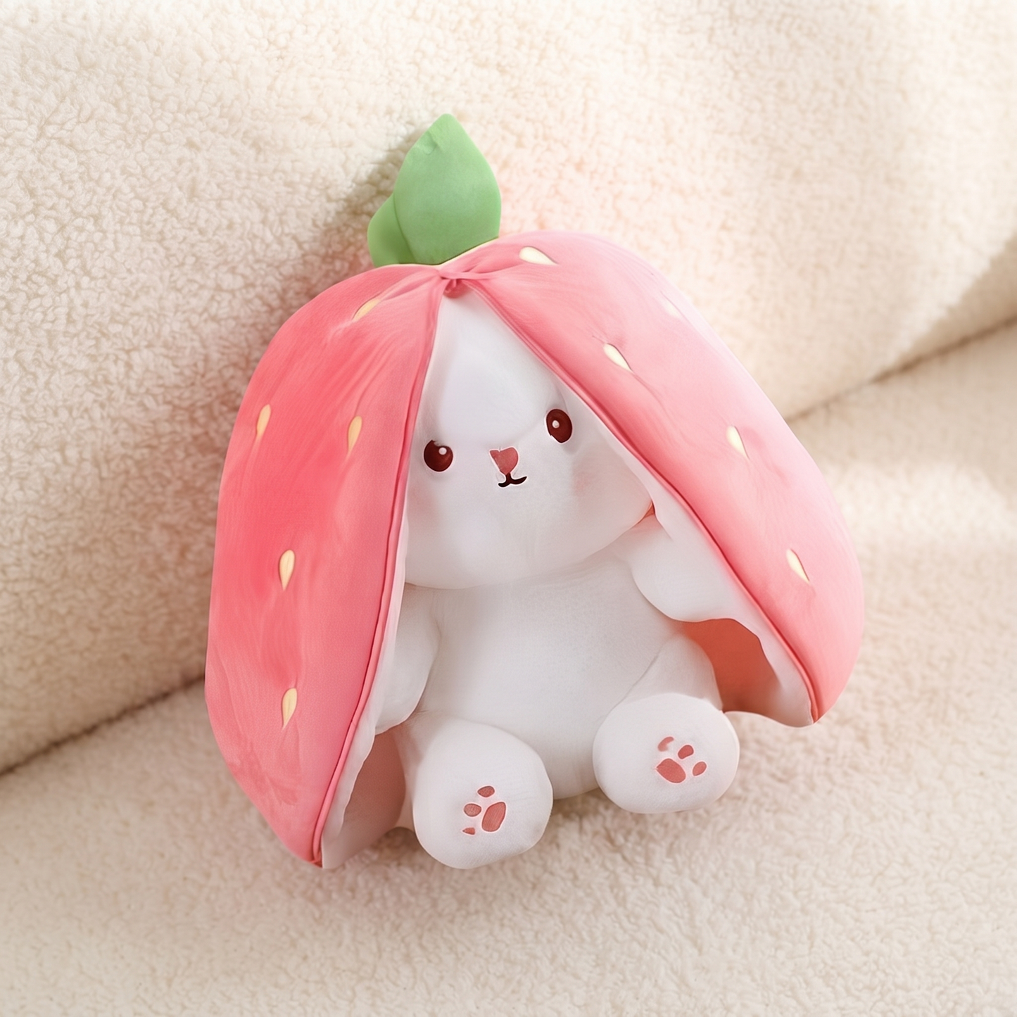 Peluche Lapin Fraise Transformable 2 en 1 - Détail matière
