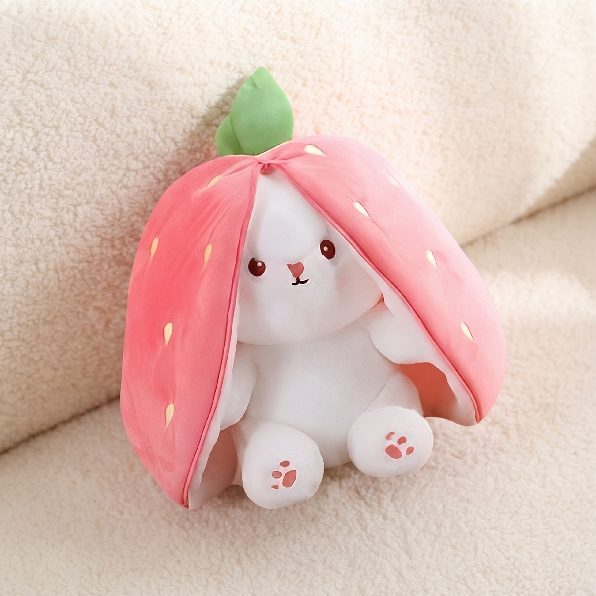 Peluche Lapin Fraise Transformable 2 en 1 - Détail matière