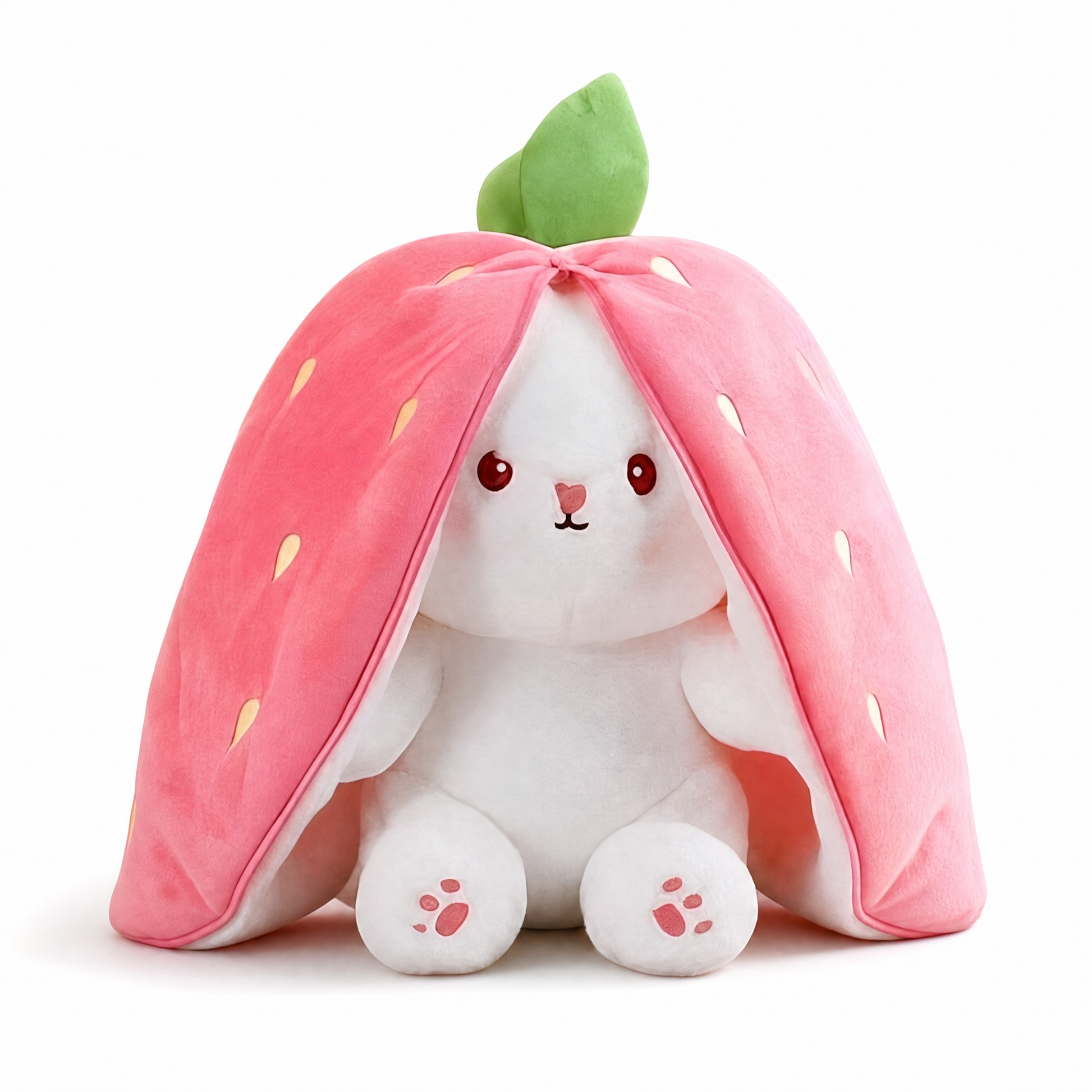 Peluche Lapin Fraise Transformable 2 en 1 - Fond blanc frontal