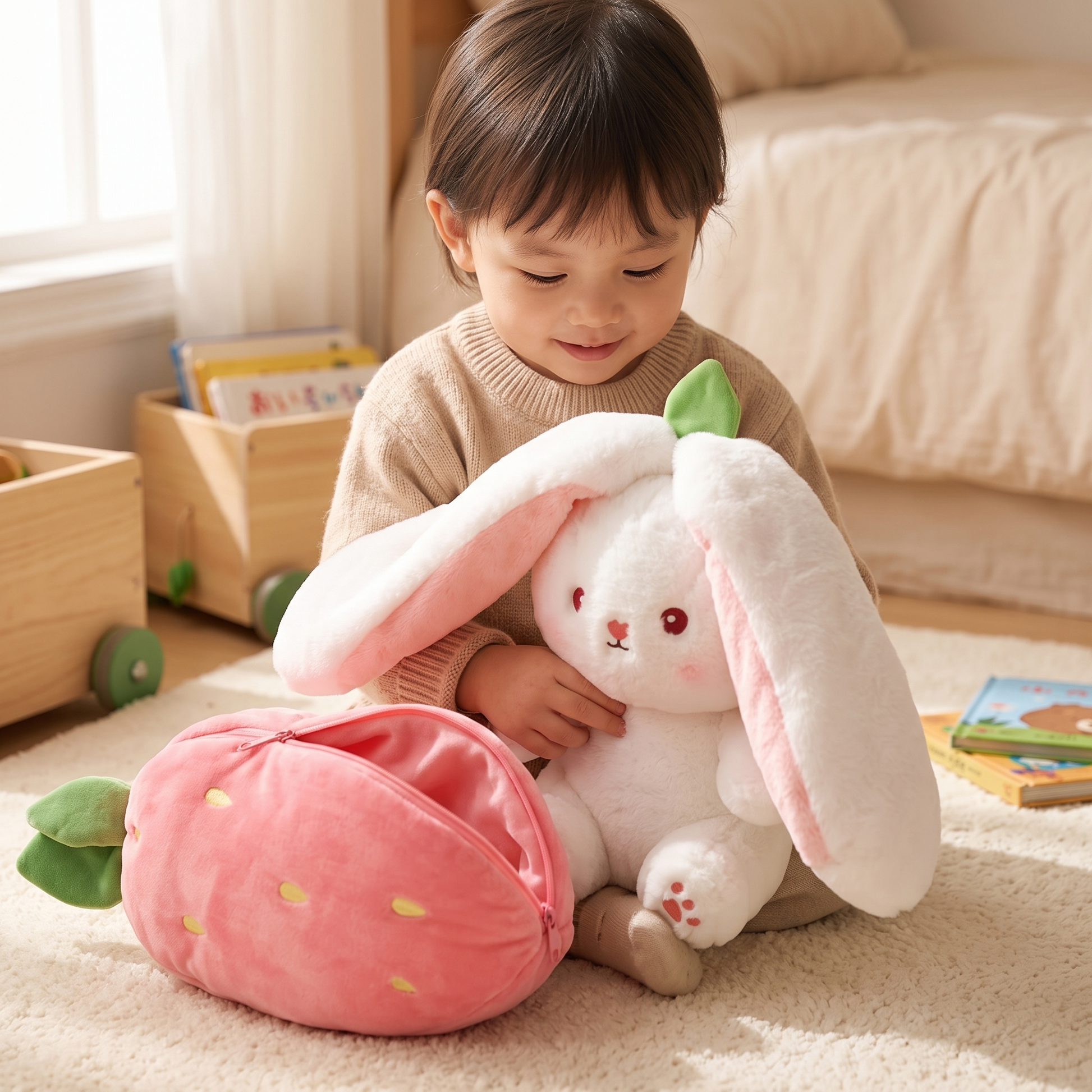 Peluche Lapin Fraise Transformable 2 en 1 - Utilisation cosy intérieur