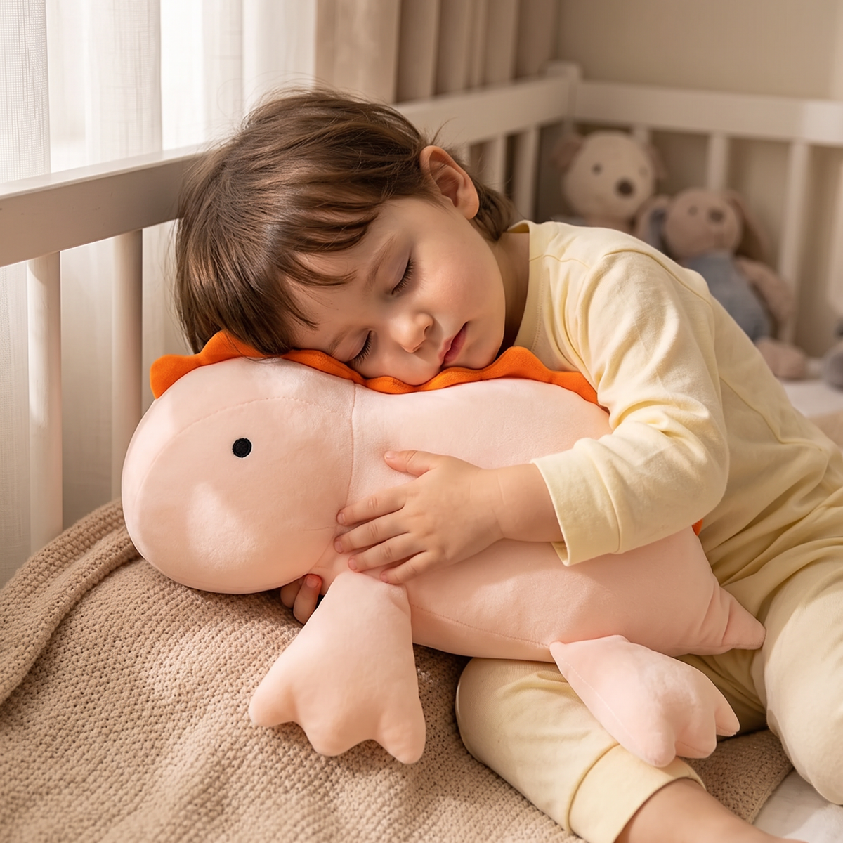 Peluche Lestée Dinosaure Rose - Utilisation cosy intérieur