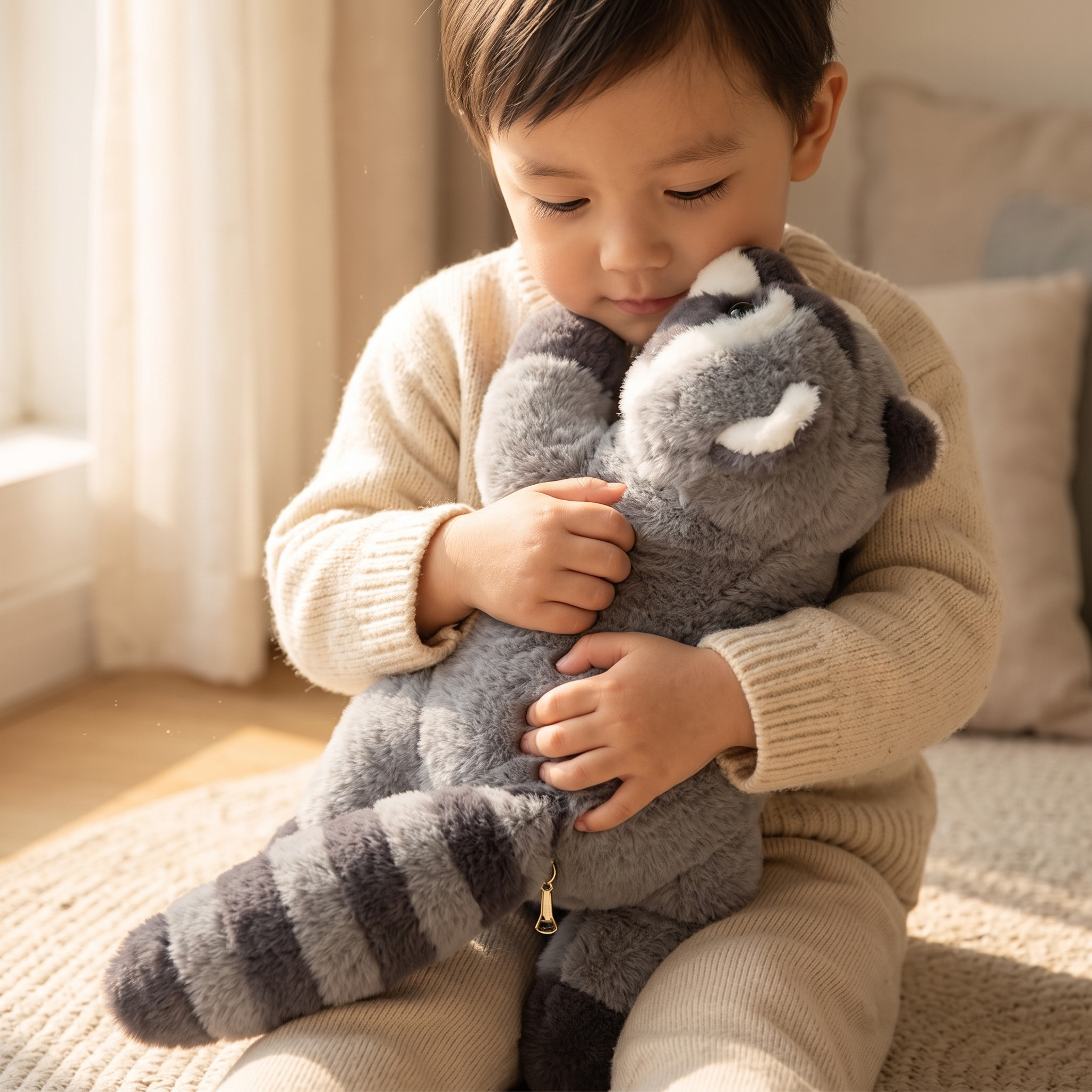 Peluche Lestée Raton Laveur Gris - Utilisation cosy intérieur