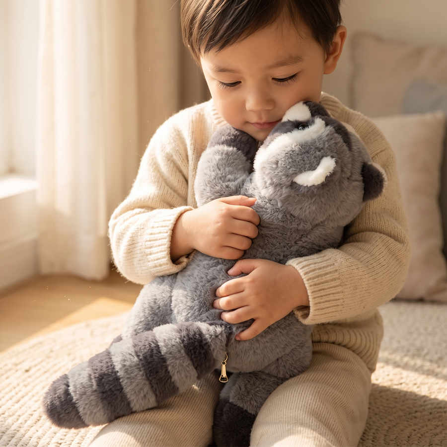 Peluche Lestée Raton Laveur Gris - Utilisation cosy intérieur