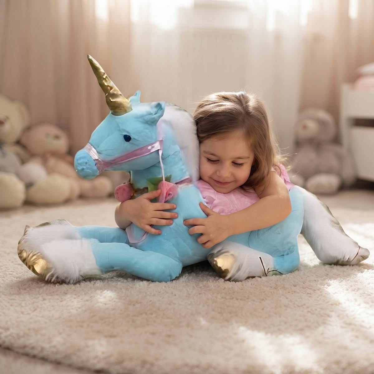 Peluche Licorne Géante Bleue 100 cm - Utilisation cosy intérieur