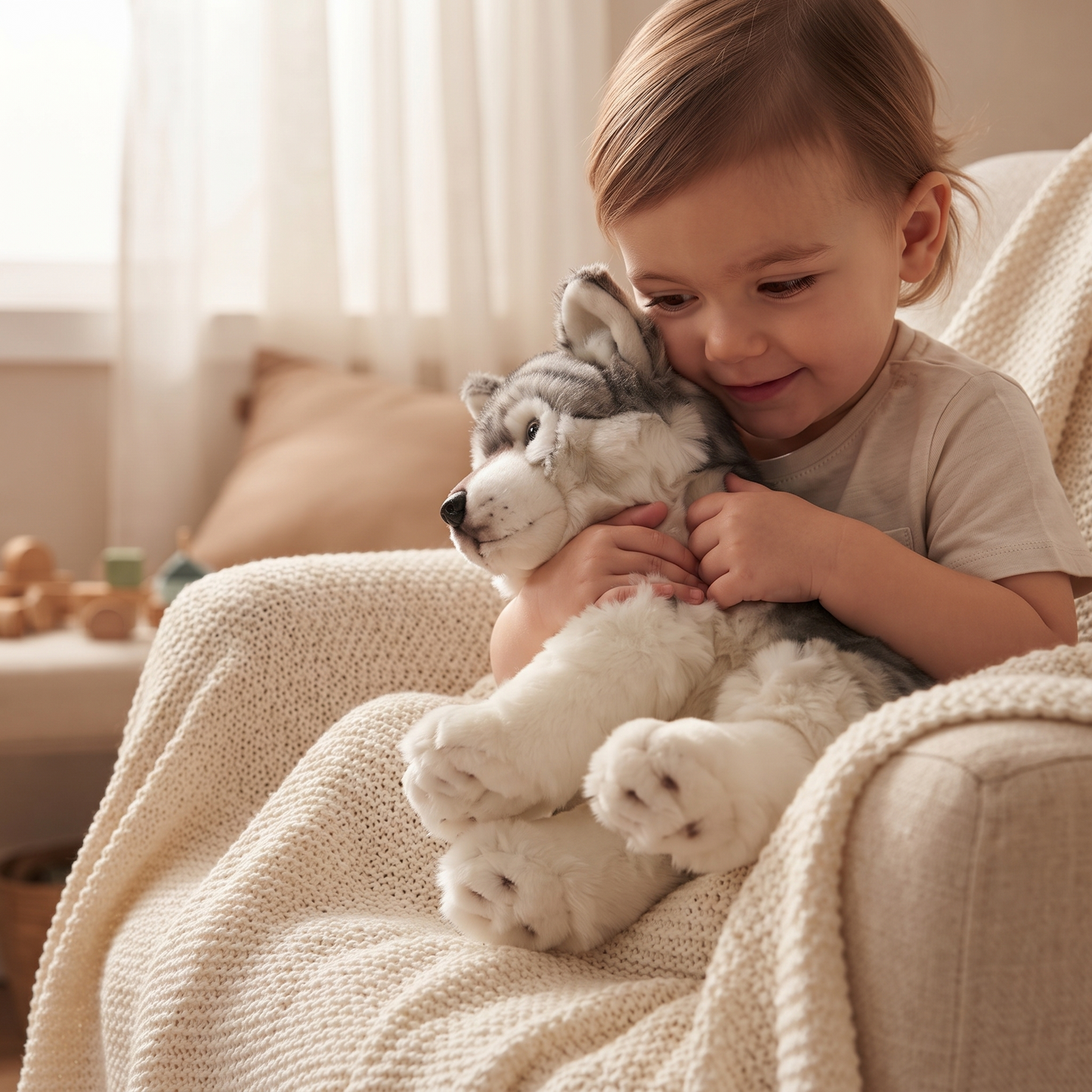 Peluche Loup Assis Réaliste 27cm - Utilisation cosy intérieur