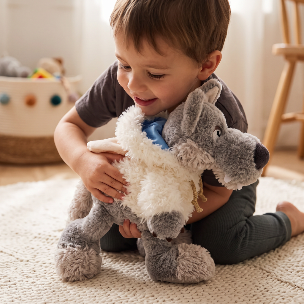 Peluche Loup Déguisé en Mouton Blanc - Utilisation cosy intérieur