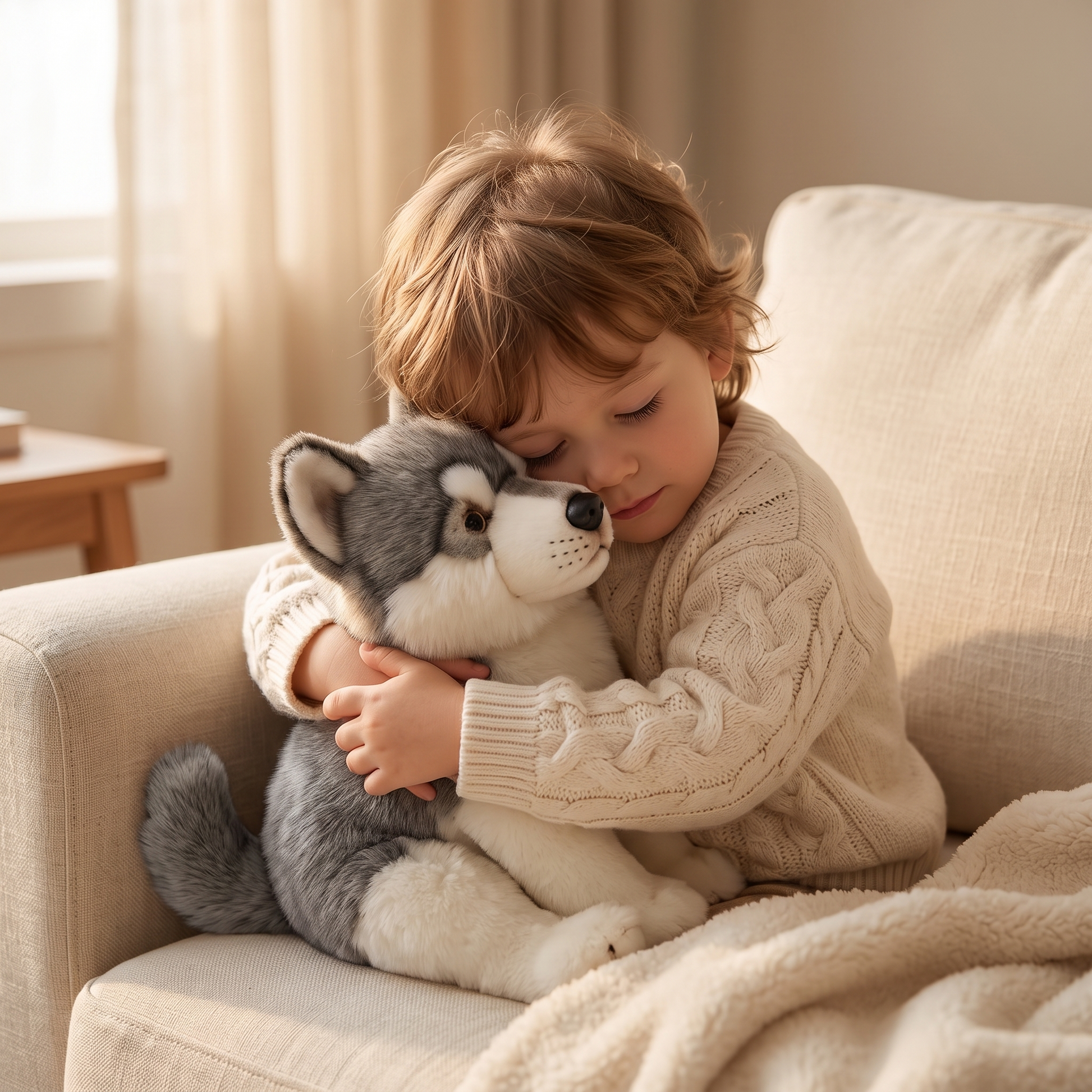 Peluche Loup Gris et Blanc 38 cm - Utilisation cosy intérieur