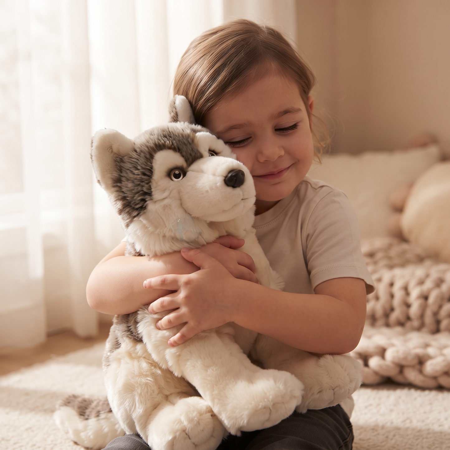 Peluche Loup Gris Réaliste 30cm - Utilisation cosy intérieur