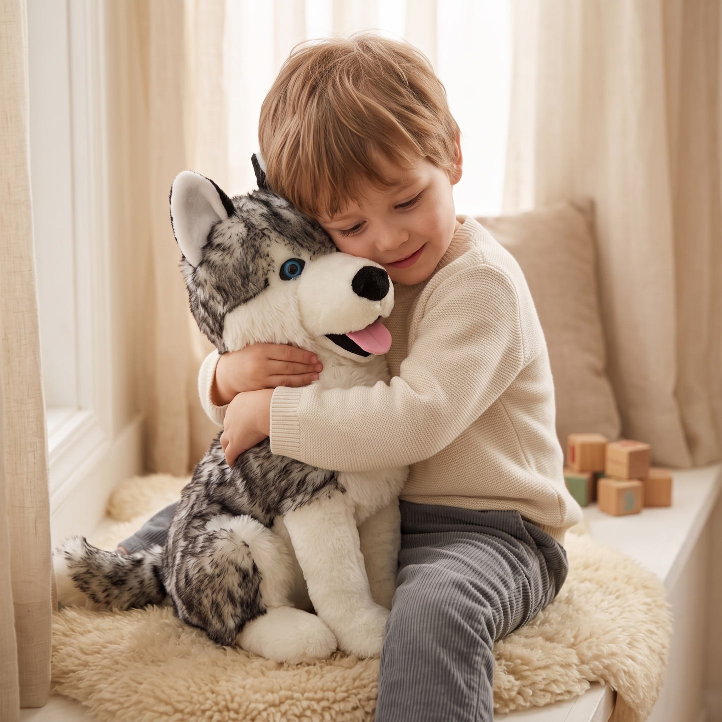 Peluche Loup Husky Gris 53cm - Utilisation cosy intérieur