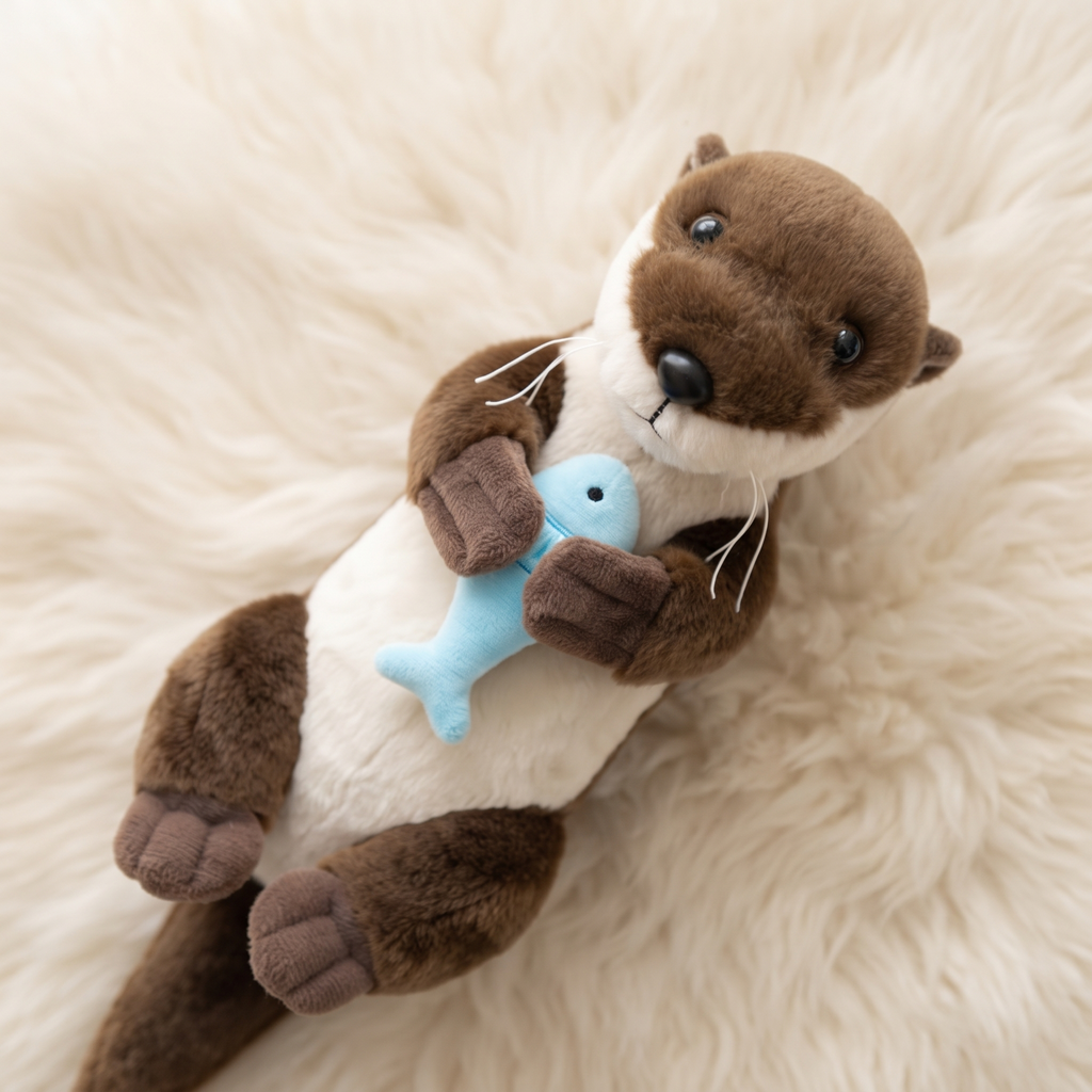 Peluche Loutre Allongée avec Poisson - Détail matière