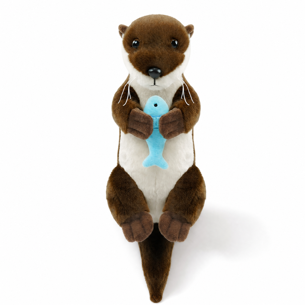 Peluche Loutre Allongée avec Poisson - Fond blanc frontal