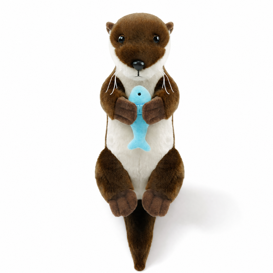Peluche Loutre Allongée avec Poisson - Fond blanc frontal
