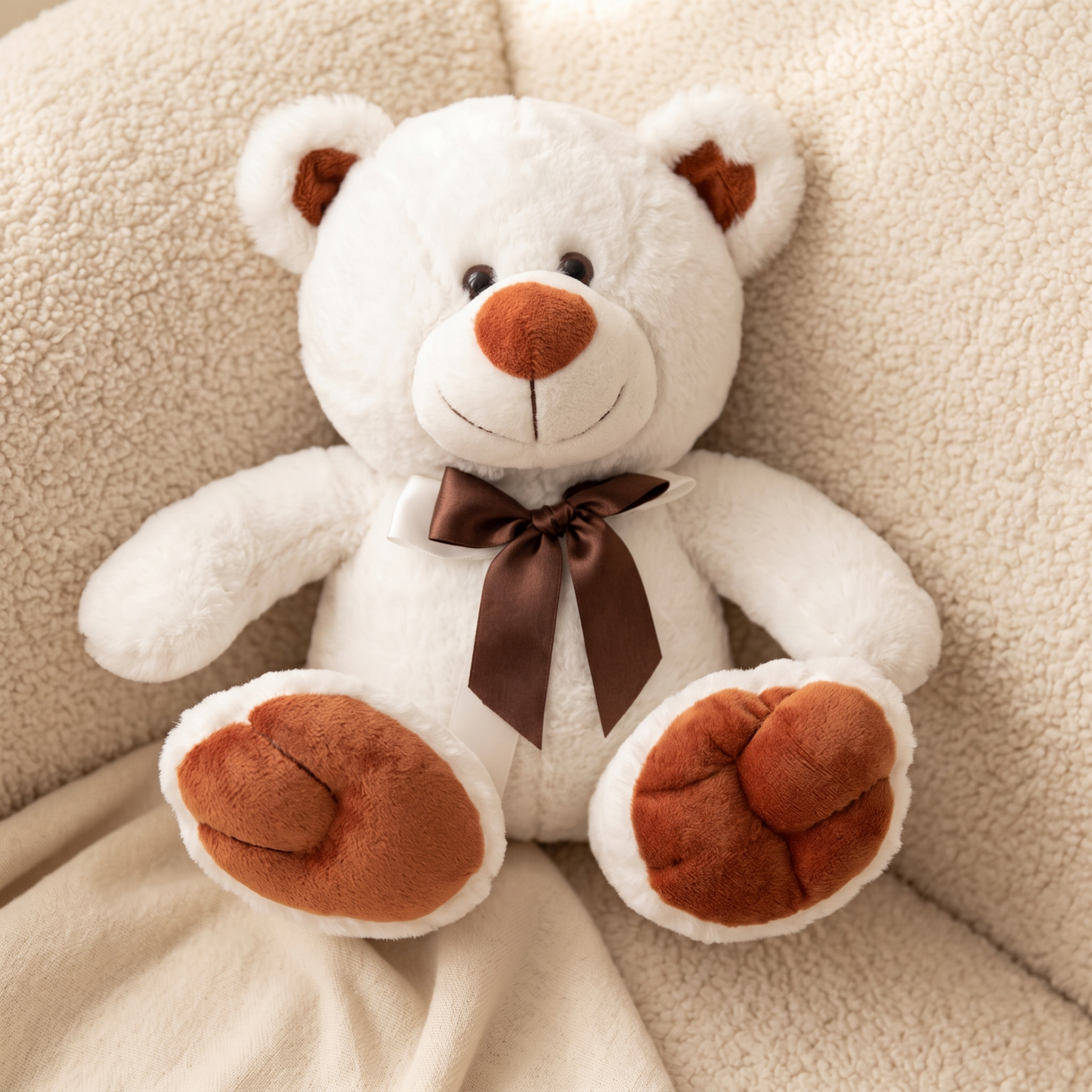 Peluche Ours Blanc avec Nœud Marron - Detail matière