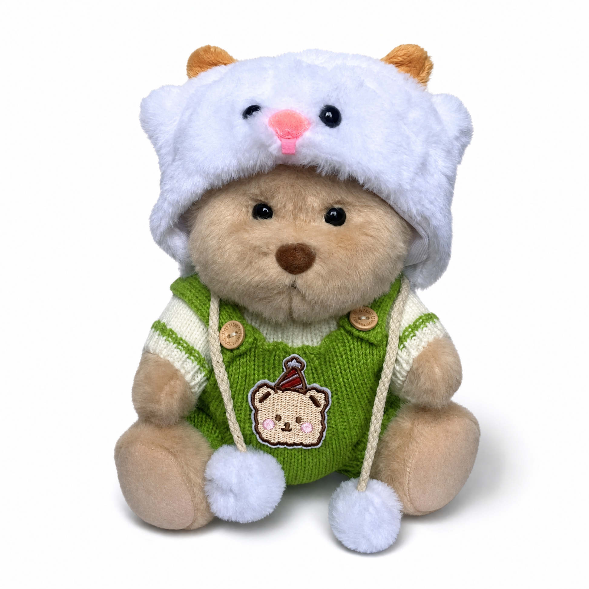 Peluche Ours Déguisé Articulé Nino avec Combinaison Verte - Fond blanc frontal