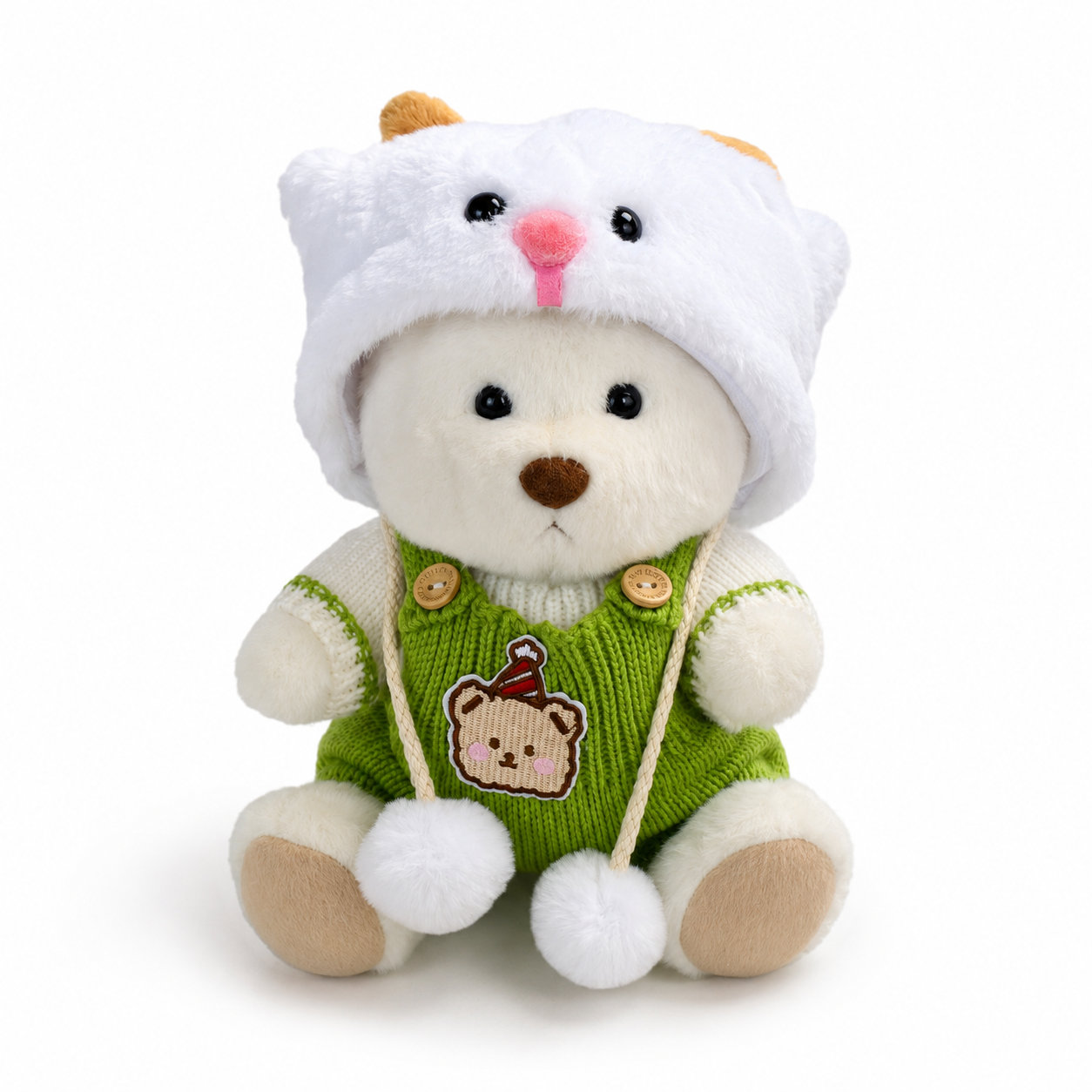 Peluche Ours Déguisé Articulé Nino avec Combinaison Verte - Ours blanc