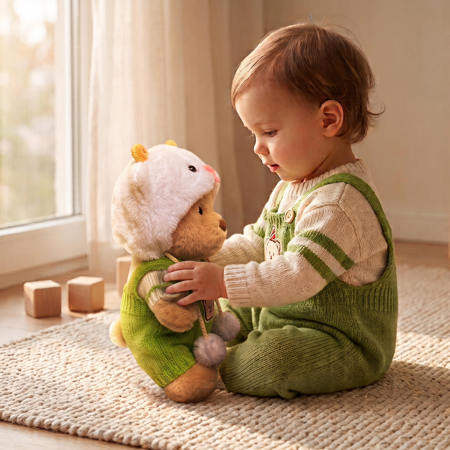 Peluche Ours Déguisé Articulé Nino avec Combinaison Verte - Utilisation cosy intérieur