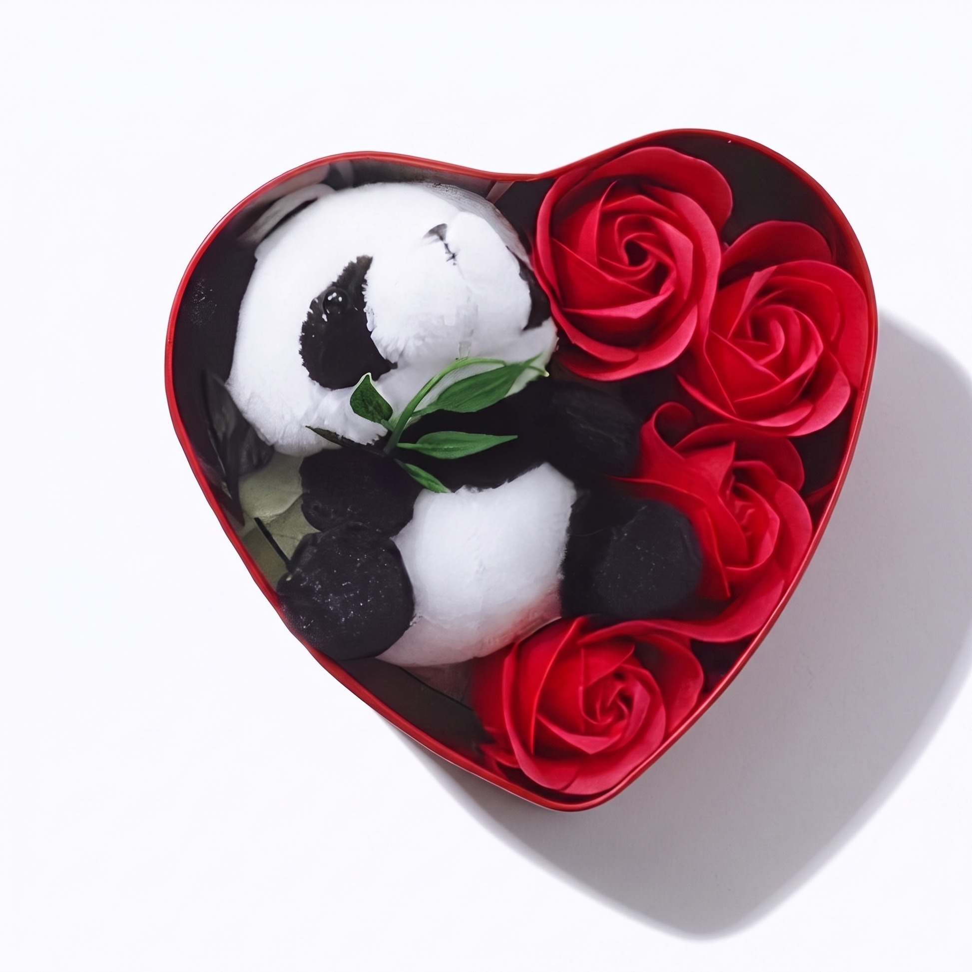 Peluche Panda Saint-Valentin Coffret Cœur & Roses - fond blanc Frontal