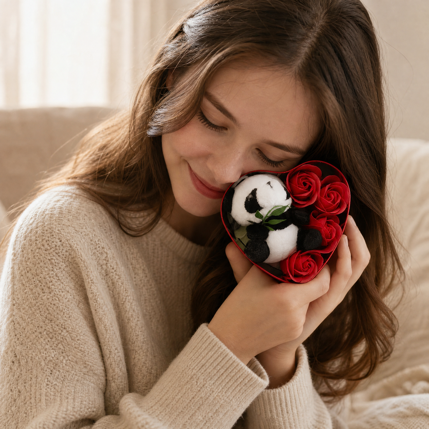 Peluche Panda Saint-Valentin Coffret Cœur & Roses - Utilisation cosy intérieur