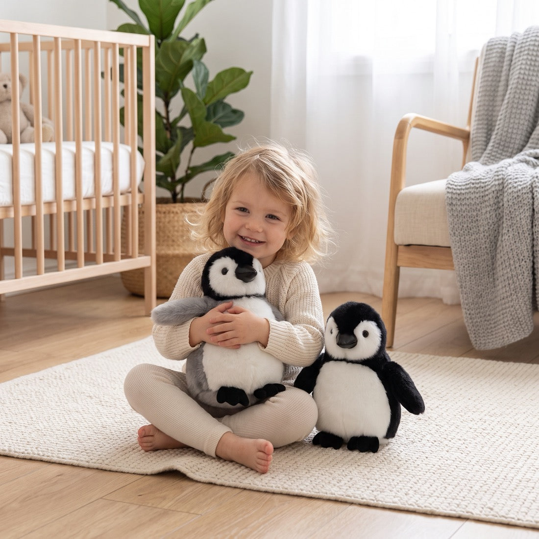 Petite fille assise sur un tapis dans une chambre, câlinant la peluche pingouin grise à côté de la noire
