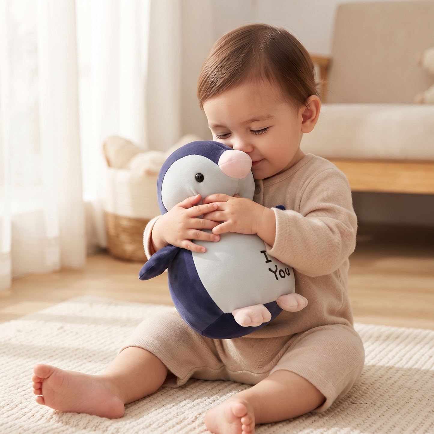 Peluche Pingouin I Love You - Utilisation cosy intérieur