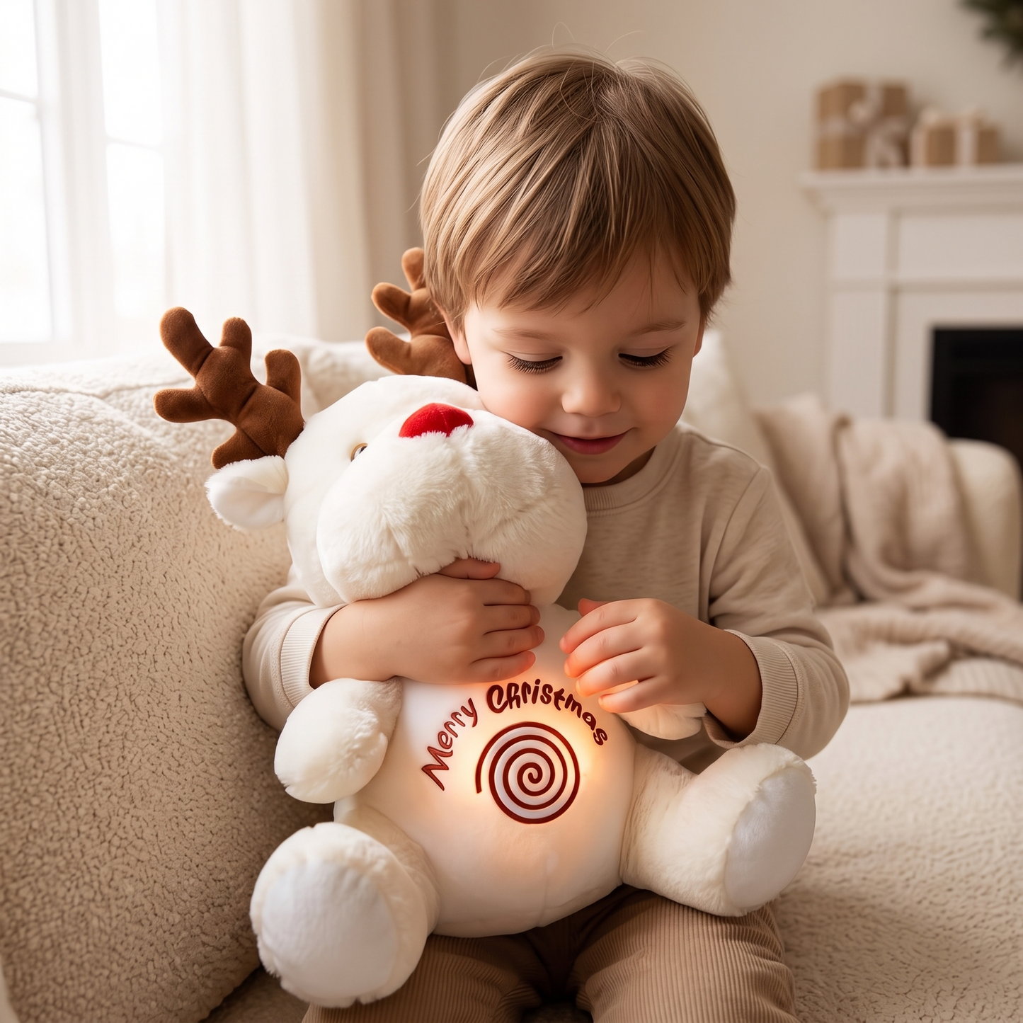 Peluche Renne qui Respire Noël Blanc ou Marron - Utilisation cosy intérieur
