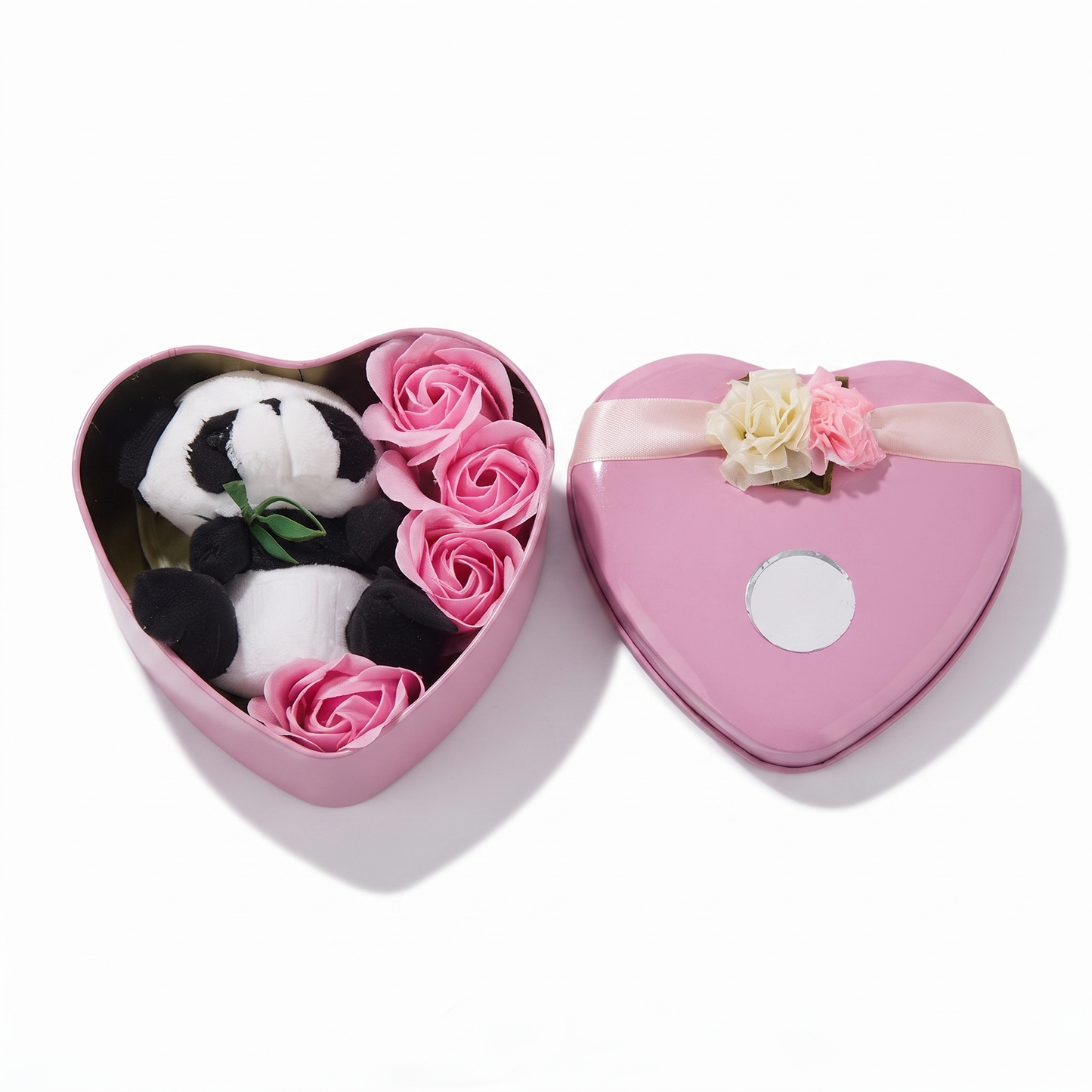 Peluche Saint Valentin Panda Coffret Cœur Rose - fond blanc Frontal