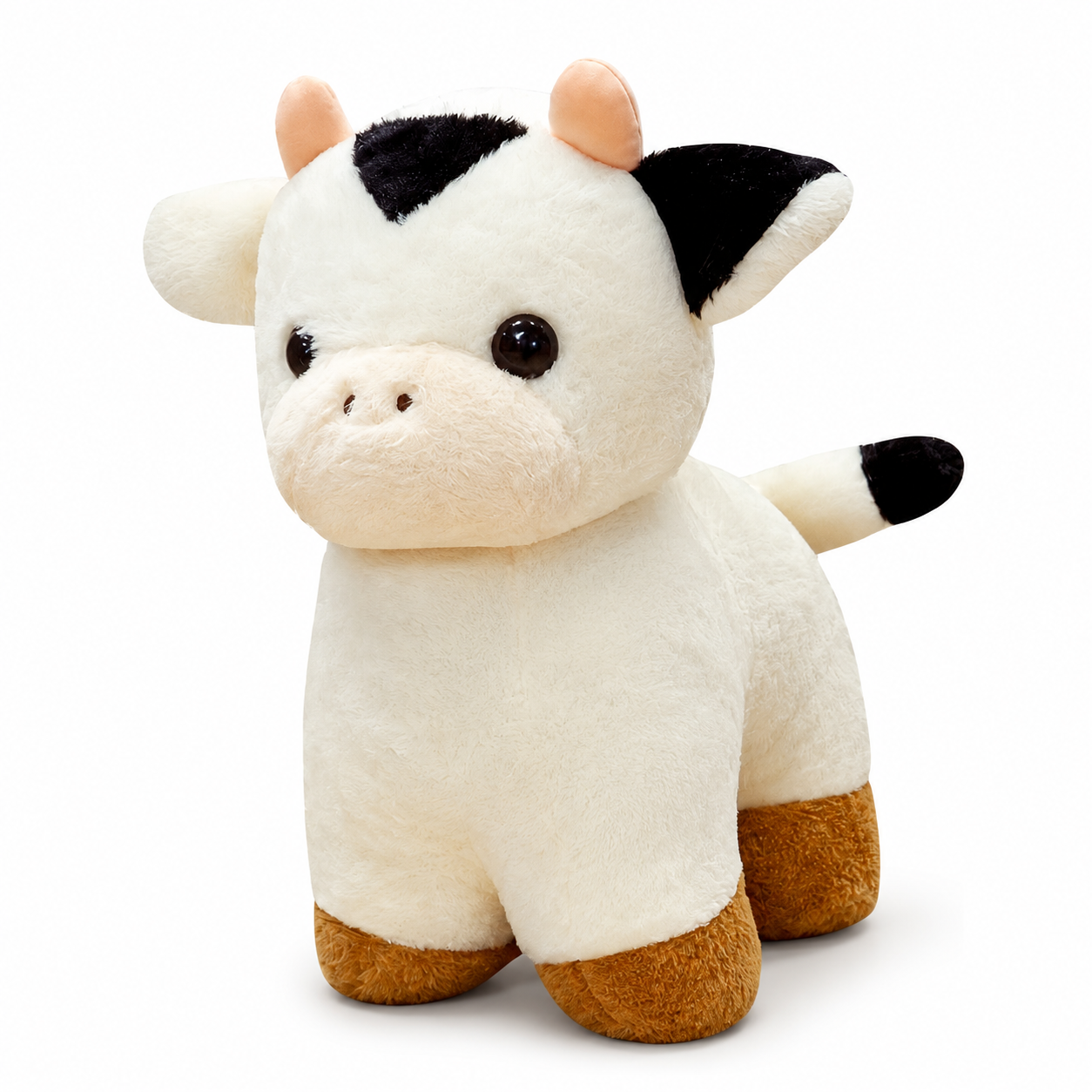 Peluche Vache Bébé Blanc et Noir - fond blanc Angle