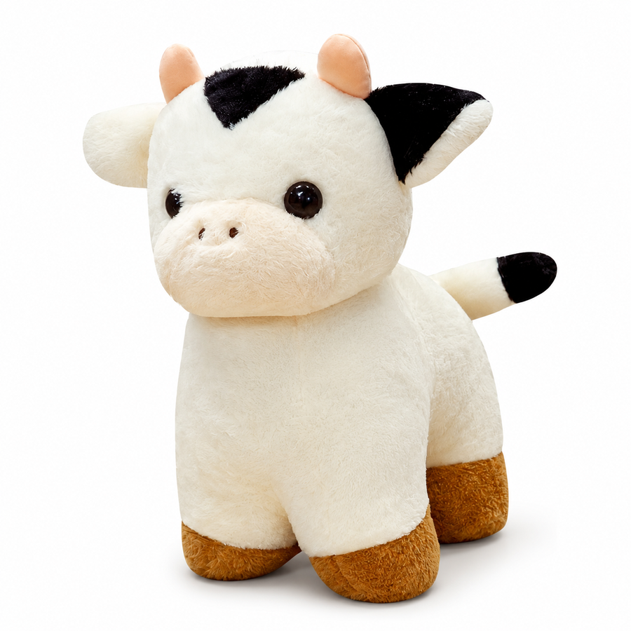Peluche Vache Bébé Blanc et Noir - fond blanc Angle