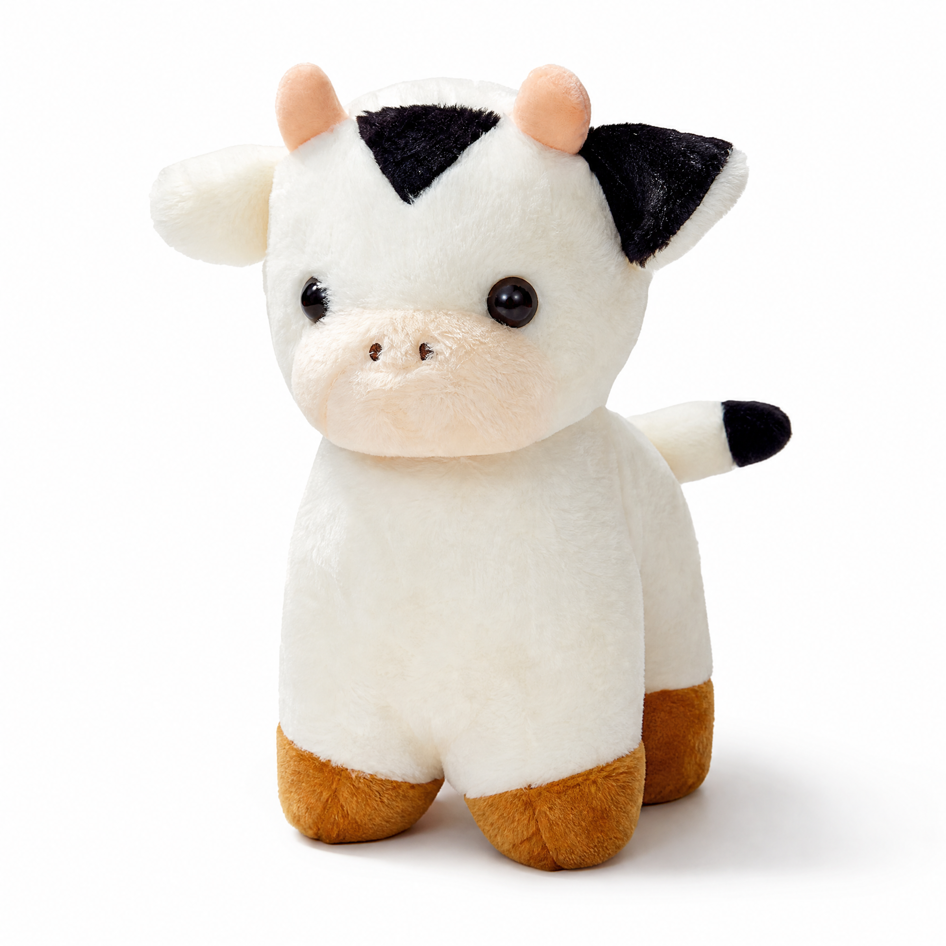 Peluche Vache Bébé Blanc et Noir - Fond blanc frontal