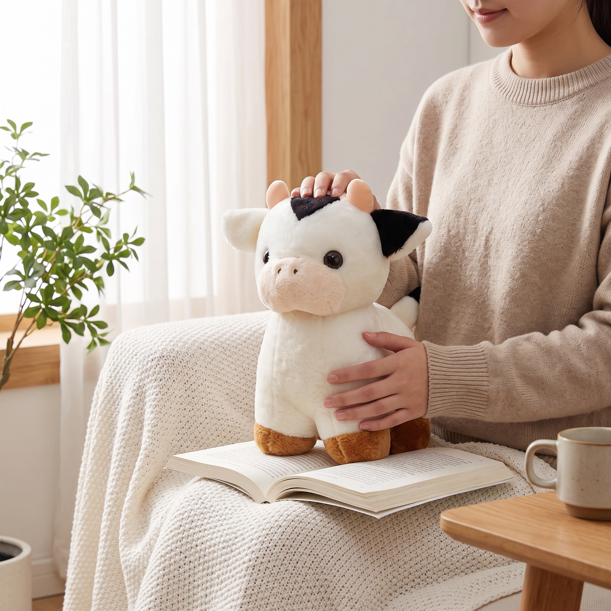 Peluche Vache Bébé Blanc et Noir - Utilisation cosy intérieur