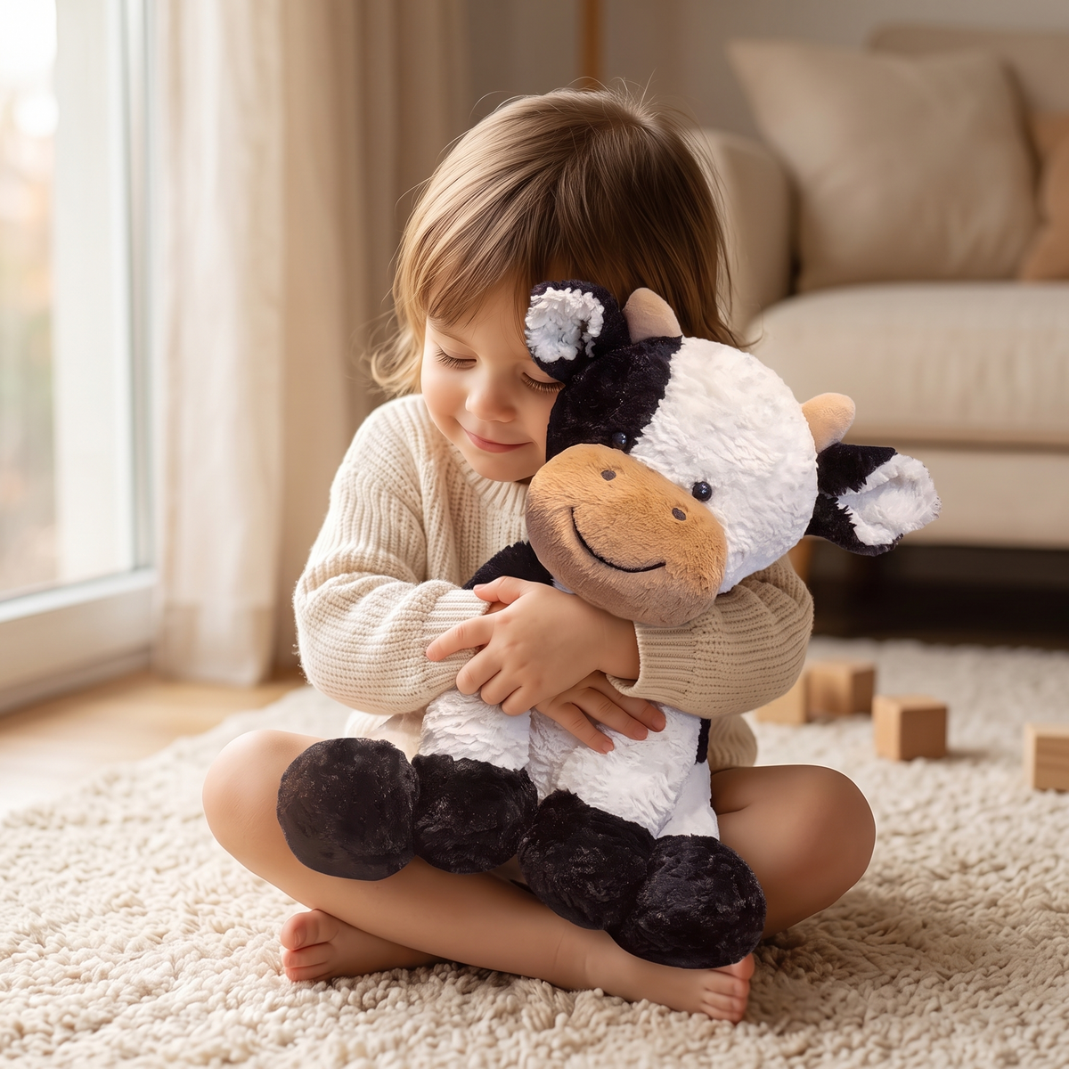Peluche Vache Douce Noir et Blanc - Utilisation cosy intérieur