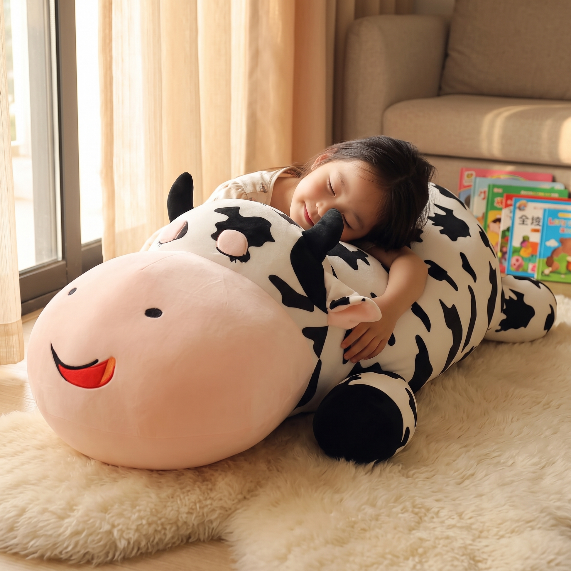 Peluche Vache Géante Allongée - Utilisation cosy intérieur