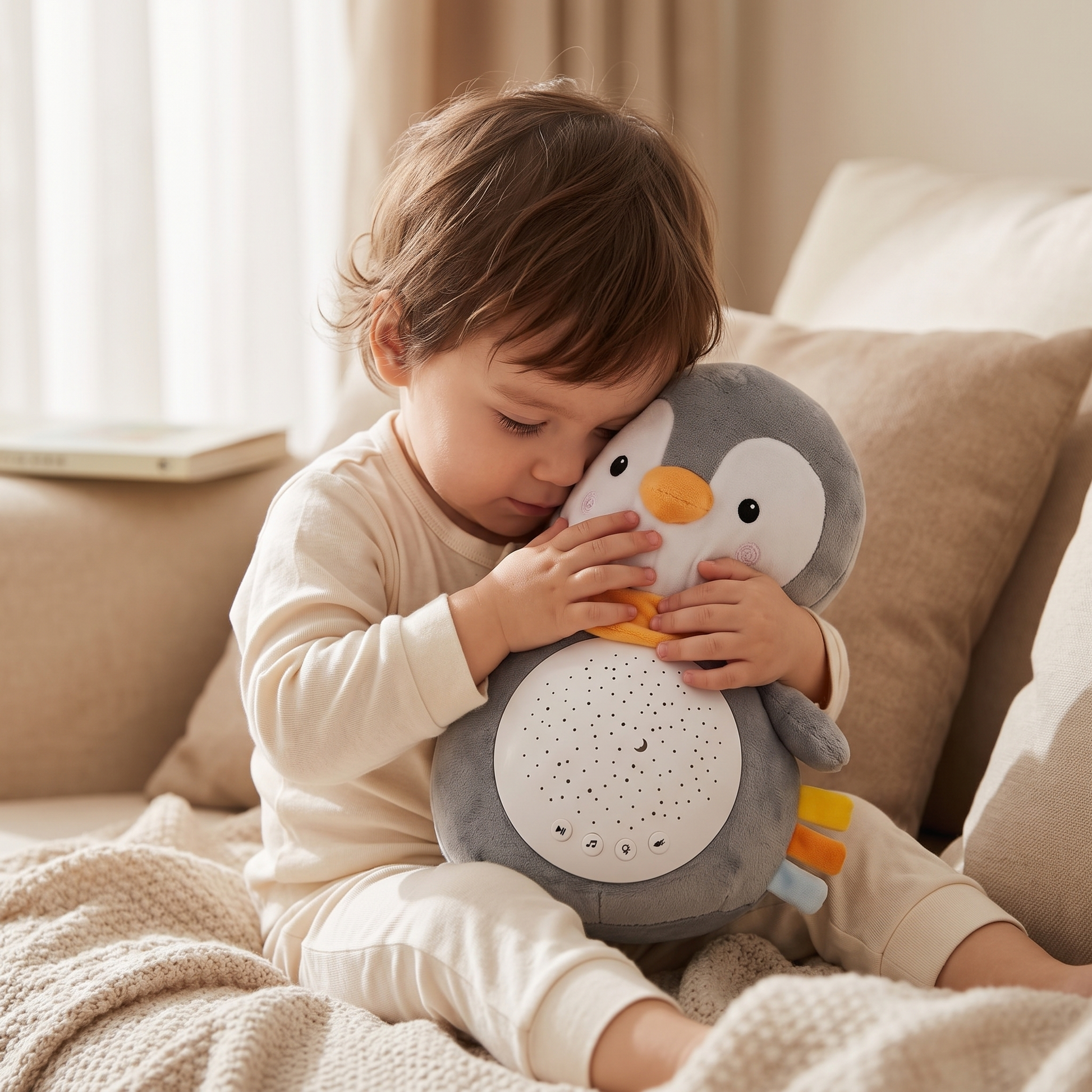 Peluche Veilleuse Bruit Blanc Pingouin - Utilisation cosy intérieur