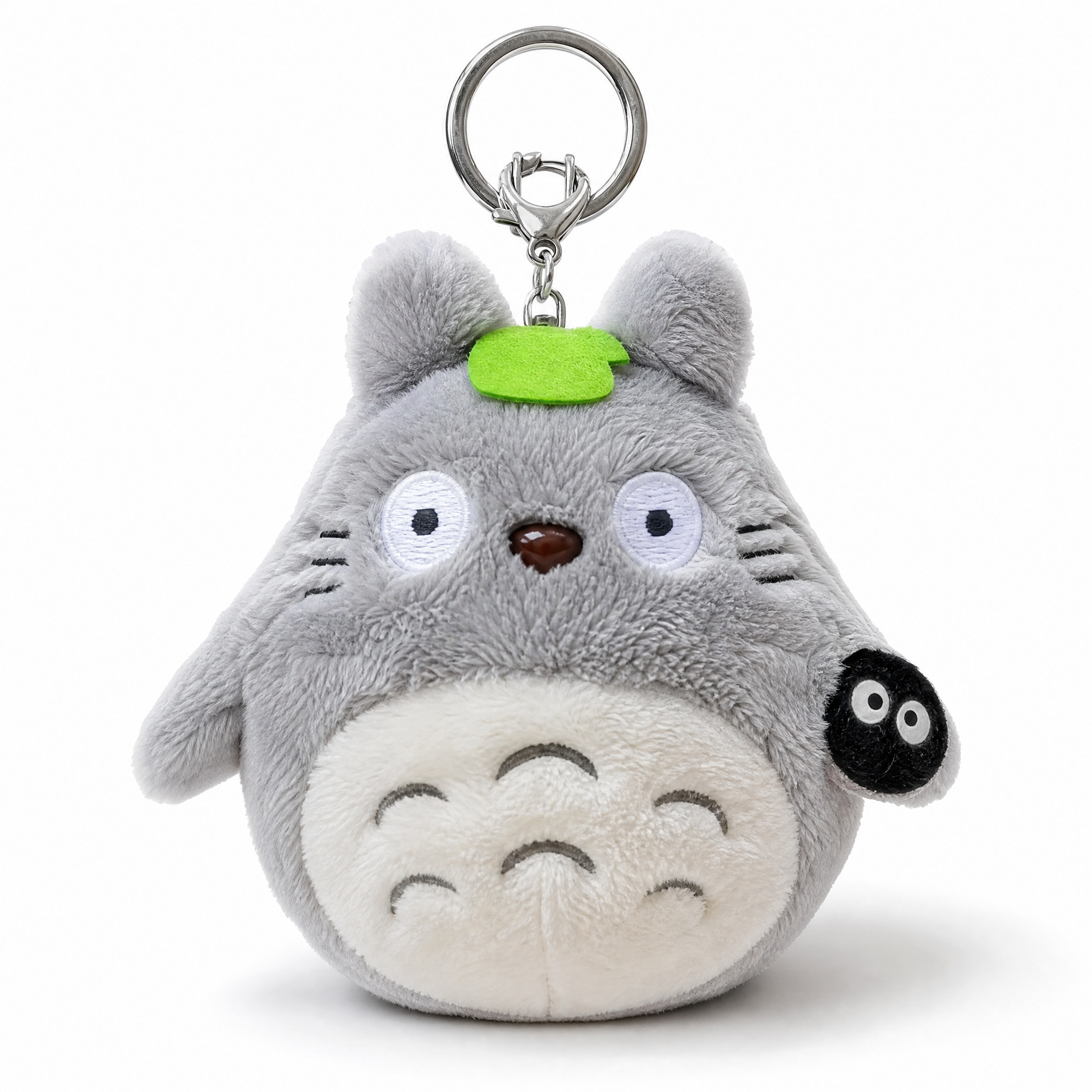 Porte Clés Totoro Gris avec Feuille Verte - Fond blanc frontal