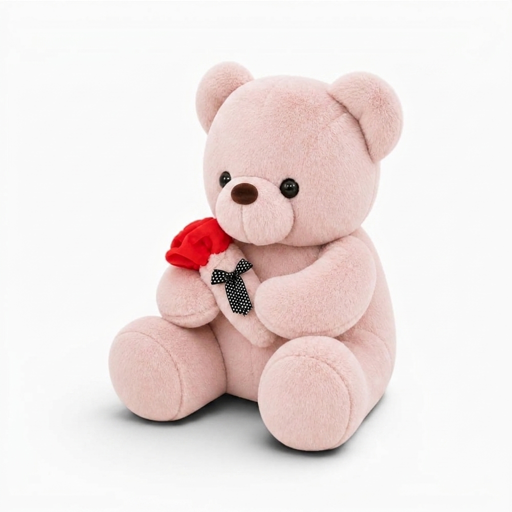 Rosa Teddybär Plüschtier mit Rose - Fond blanc angle