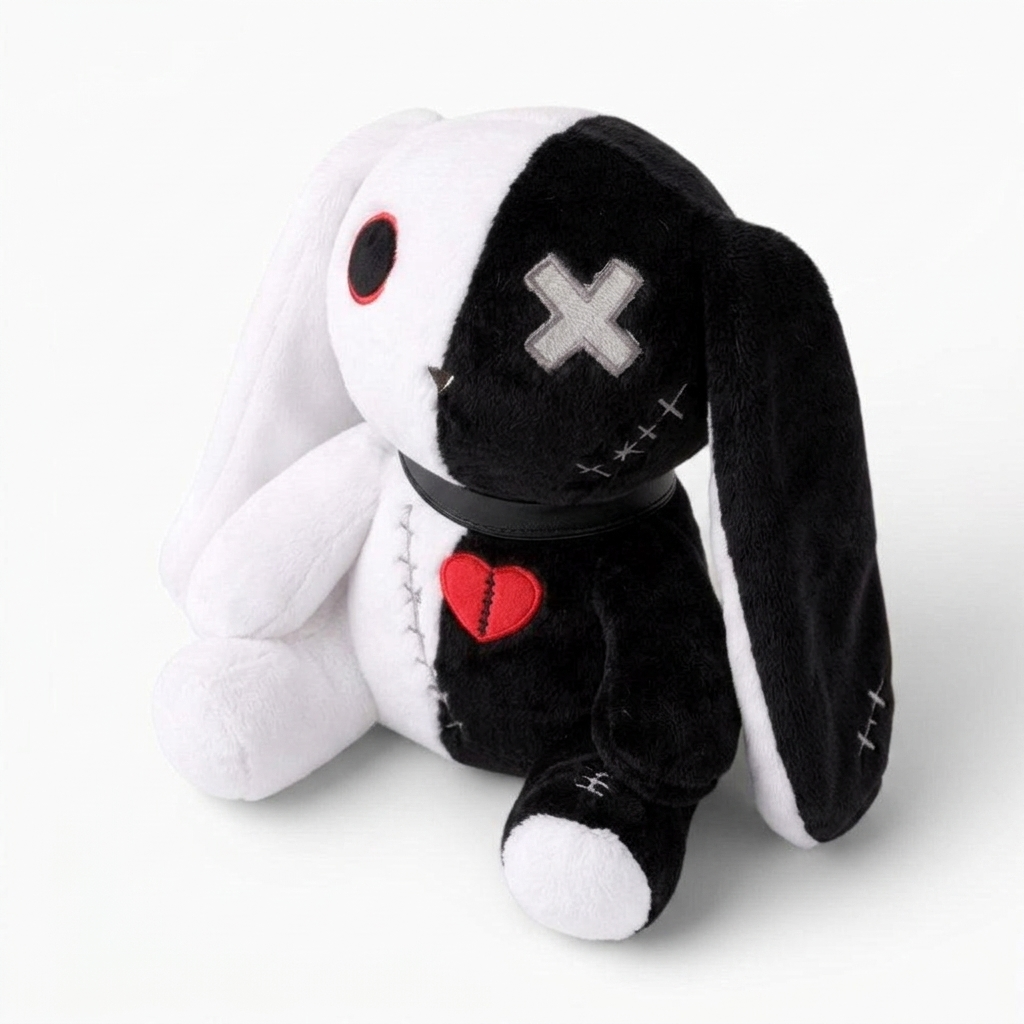 Schwarz-weißes Gothic-Hasen-Kuscheltier mit Herz - Fond blanc angle