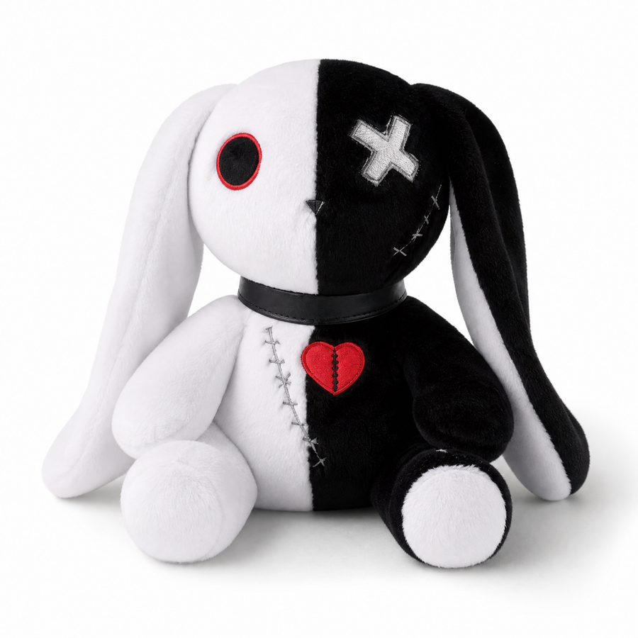 Schwarz-weißes Gothic-Hasen-Kuscheltier mit Herz - Fond blanc frontal
